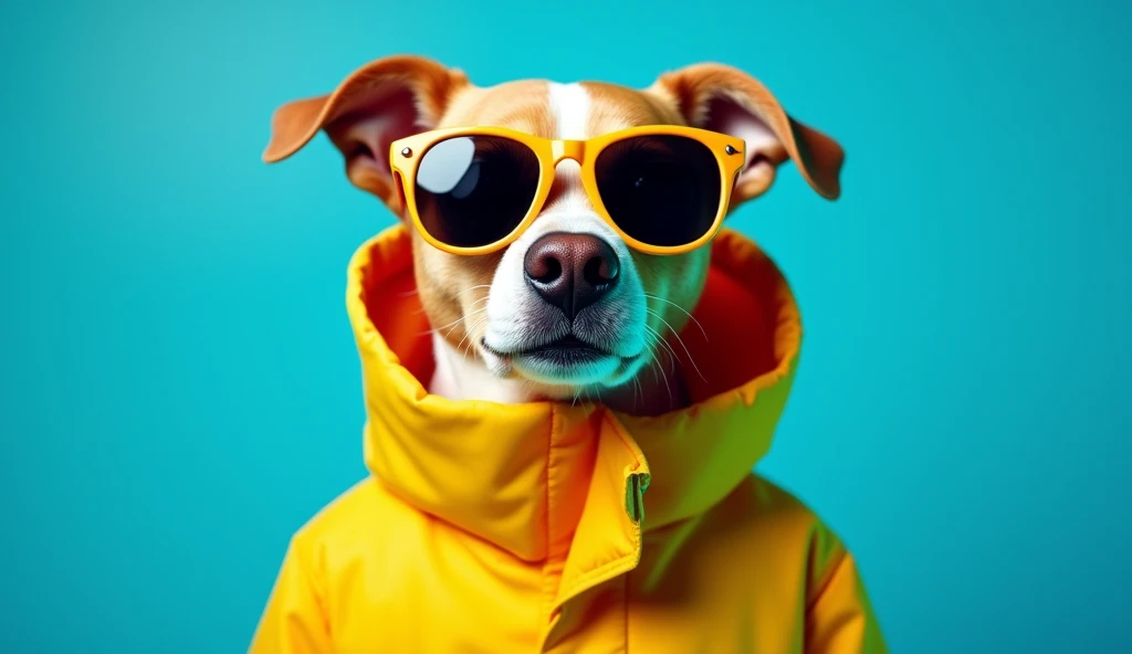 The best cell phone wallpaper, Award-Winning Wallpaper, portrait photography, In the front view is a portrait of a cute dog wearing mid-1960s space age fashion, Side view photo, Shot with Canon EOS R5, Set a strong contrast that accentuates the subject, Fluorescent blue tone, Wearing a very modern coat and sunglasses is a modern 1960s style, Clothes all in one color, beautiful background