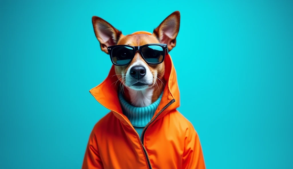 The best cell phone wallpaper, Award-Winning Wallpaper, portrait photography, In the front view is a portrait of a cute dog wearing mid-1960s space age fashion, Side view photo, Shot with Canon EOS R5, Set a strong contrast that accentuates the subject, Fluorescent blue tone, Wearing a very modern coat and sunglasses is a modern 1960s style, Clothes all in one color, beautiful background