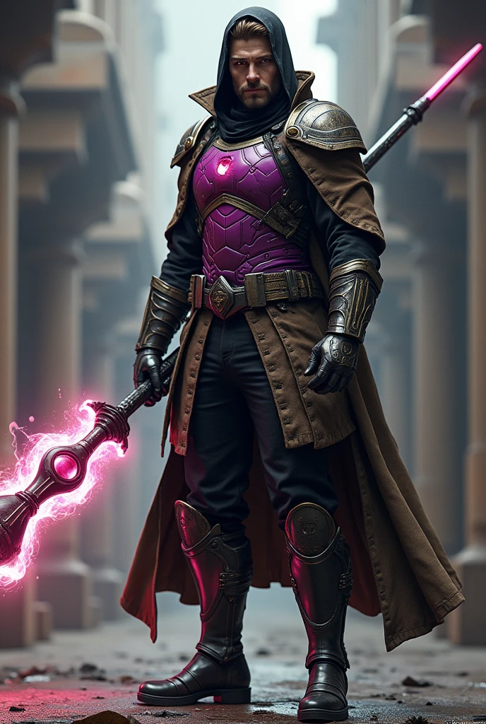 man, brown hair, magenta chestplate armor, black head sock, red eyes, black pants, fingerless gloves, brown trenchcoat, metal boots, wielding an energized long staff