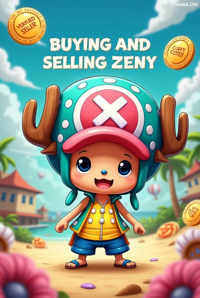 Ad banner, written exactly "Buying and selling Zeny", with a One Piece Chopper themed background. a seal in the upper left corner that says "verified seller". a caption at the top right corner written "always online". a caption at the bottom right corner written "accept pix and card".