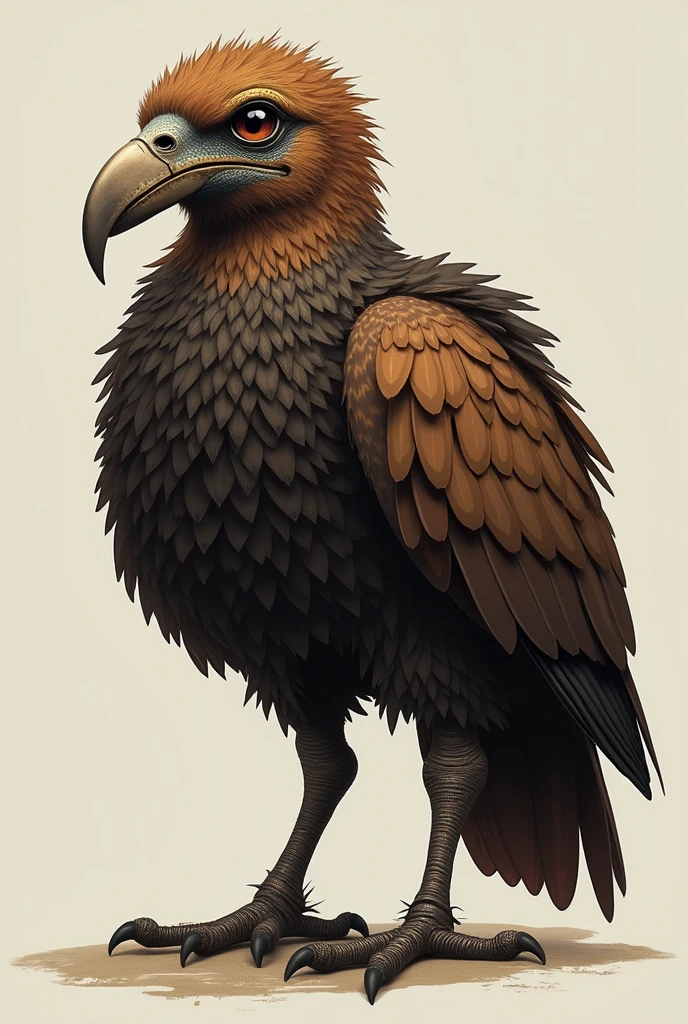 Can you generate an image of a macaw, another with a darker coat, striped in coffee and dark colors, but not just a single shade, The beak is long and narrow, and different legs to have better mobility and please make them fatter than usual and with bigger eyes like those of an owl with short wings and almost no feathers and no long tail please and the beak should be longer like that of a heron please and the body should be please fat like that of an ostrich but don't lose the essence of a macaw like the eyes and those characteristics and where the macaw is of different colors that are different browns please but don't have the neck so big if you lose the essence of a macaw that have it small but the body is very fat and the wings have something special that they can't fly they are simply terrestrial