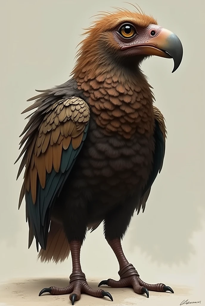 Can you generate an image of a macaw, another with a darker coat, striped in coffee and dark colors, but not just a single shade, The beak is long and narrow, and different legs to have better mobility and please make them fatter than usual and with bigger eyes like those of an owl with short wings and almost no feathers and no long tail please and the beak should be longer like that of a heron please and the body should be please fat like that of an ostrich but don't lose the essence of a macaw like the eyes and those characteristics and where the macaw is of different colors that are different browns please but don't have the neck so big if you lose the essence of a macaw that have it small but the body is very fat and the wings have something special that they can't fly they are simply terrestrial