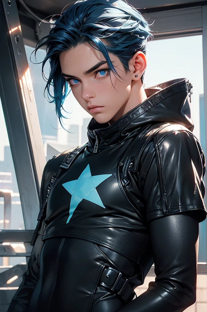 Young man with mid-length blue hair, light blue eyes, black leather jacket, black pants with white star pattern, skeleton-style mouth mask, tight black leather t-shirt with rib pattern, tight clothing, visible navel, freckle tattoo, cute, long eyelashes, beautiful eyes, delicate features, soft colors, serene atmosphere, high quality, detailed, photorealistic, photo-realistic:1. 37, 4k, ultra-detailed, extremely detailed, hyperrealistic, highly detailed, masterpiece:1.2, vibrant colors, natural lighting, cinematic, dramatic, fantastic, magical, surreal.