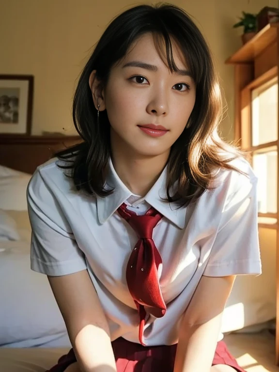 (Masterpiece, Best quality:1.3), (Ultra realistic, Photo-realistic:1.2), nude, kneeling, Natural light, 28 years old actress, Japanese beautiful 2 women, Neat and clean, (School uniform Short sleeve white shirts:1.1), (Black pleated skirt:1.1), (Red tie:1.1), (shirts unbutton:1.3), (White sock:1.1), (Ponytail:1.2), (Beautiful faces), Oval face, clear, Beautiful eyes, Kind eyes, Clear skin, Small face, Beautiful mouth, Small mouth, Natural makeup, Approachable, Seductive smile, (Seductive pose:1.2), Beautiful thighs, Bedroom eyes, Embarrassed, Blush, Luxury hotel Suite room, On bed, (nsfw:1.3), (lesbian couple:1.2), (petting together:1.1), obscene reality of girls, Spread legs, (White bra:1.1), female masturbation, (hand in white panties:1.1), (crotch rub:1.1), female orgasm, (pussy juice stain:1.1),