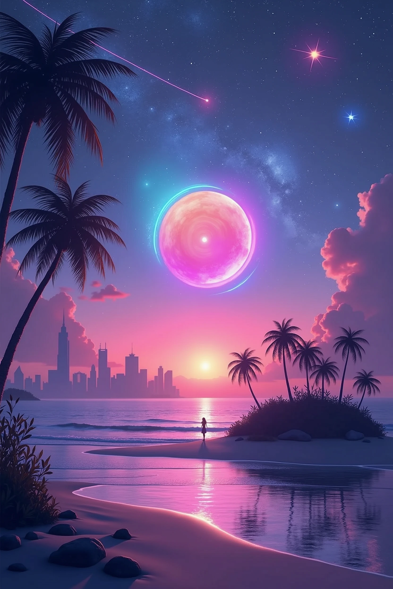 In the lower right corner there is a small isolated island showing only the edge of the beach、In the background there is a city with large buildings in the distance, A bright night, Starry Sky, An island in the middle of the sea, A distant city on the horizon, (Take the key: 1.2), (shooting star: 0.9), (A warm light source: 1.2), (fire Fly: 1.2), lamp, Light purple and neon blue,luzes Magicsm detalhes complexos, Volumetric lighting (first work: 1.2), (Better Quality), 4K, Ultra-detailed , (Dynamic Composite: 1.4), Highly detailed colorful details (A rainbow-colored core: 1.2), (Bright lighting, Atmospheric lighting), dreamer, Magic, (alone: 1.2)