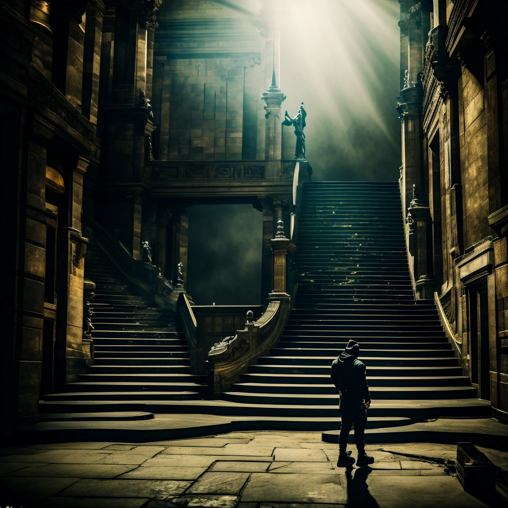 Subject: A man seen from behind, standing in front of an enormous staircase that extends beyond the edge of the frame, symbolizing a long journey of challenges overcome.

Staircase: The staircase is immense and worn, with many steps showing signs of battle and grime, as if he has faced and defeated numerous adversaries along the way.

Character Details:

Style: He has a drill trapper style, wearing a black balaclava that covers his face, leaving only his eyes visible.
Clothing: He is dressed in modern, casual attire with a focus on high-quality, stylish sneakers.
Weapons: In his right hand, he holds a golden pen, symbolizing the secret weapon used to defeat enemies. In his left hand, he holds a microphone, representing his power and influence.
Environment and Atmosphere:

Background: The background should be dark and misty, creating an atmosphere of terror and mystery.
Lighting: Use dramatic lighting to highlight the character and the staircase, with pronounced shadows to convey a sense of suspense and imminent challenge.
Overall Sentiment: The image should convey a sense of power and conquest. The character should appear dominant and confident, showing that he is the most powerful among those who have attempted to climb the staircase. The atmosphere should suggest both the grandeur of the journey and the mystery and danger of what is yet to come.