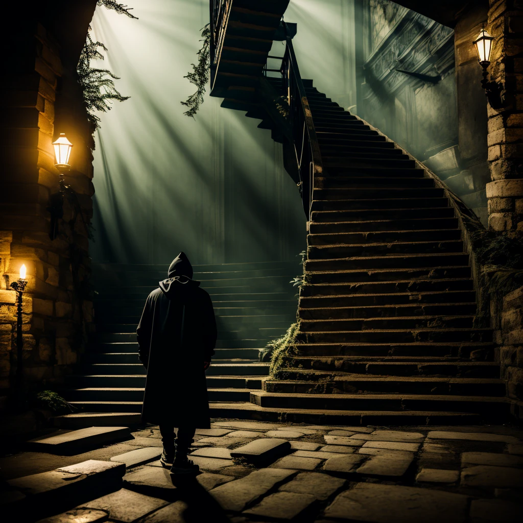 Subject: A man seen from behind, standing in front of an enormous staircase that extends beyond the edge of the frame, symbolizing a long journey of challenges overcome.
Staircase: The staircase is immense and worn, with many steps showing signs of battle and grime, as if he has faced and defeated numerous adversaries along the way.
Character Details:
Style: He has a drill trapper style, wearing a black balaclava that covers his face, leaving only his eyes visible.
Clothing: He is dressed in modern, casual attire with a focus on high-quality, stylish sneakers.
Weapons: In his right hand, he holds a golden pen, symbolizing the secret weapon used to defeat enemies. In his left hand, he holds a microphone, representing his power and influence.
Environment and Atmosphere:
Background: The background should be dark and misty, creating an atmosphere of terror and mystery.
Lighting: Use dramatic lighting to highlight the character and the staircase, with pronounced shadows to convey a sense of suspense and imminent challenge.
Overall Sentiment: The image should convey a sense of power and conquest. The character should appear dominant and confident, showing that he is the most powerful among those who have attempted to climb the staircase. The atmosphere should suggest both the grandeur of the journey and the mystery and danger of what is yet to come.