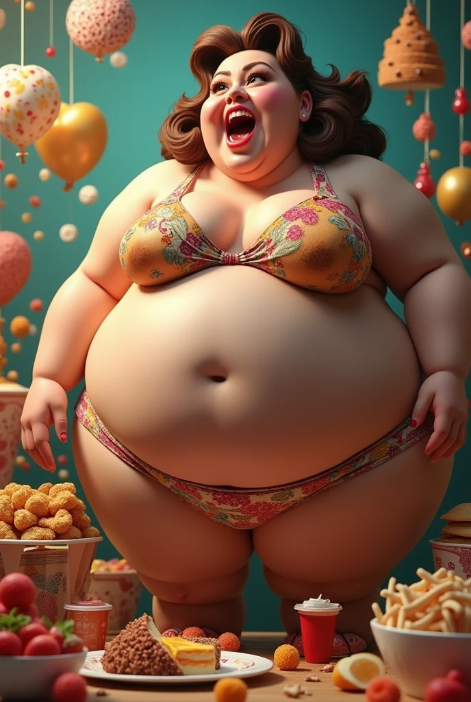 Carla Tice, woman with an ugly body, bigger than a building, too fat, sick fat, giant ass, gorda, fat, oversize, giant ass, giant ass, fat, sick, oversize, gorda, over Too fat, no clothes, fat moito, food drool, fair skin and brown hair in bread, exaggerated make-up, drooling over food besundado um biquini vibrante e colorido e saia. He should be in an environment with sweets and processed foods in the background and create a playful atmosphere. Use precise lighting to accentuate your curves and expression