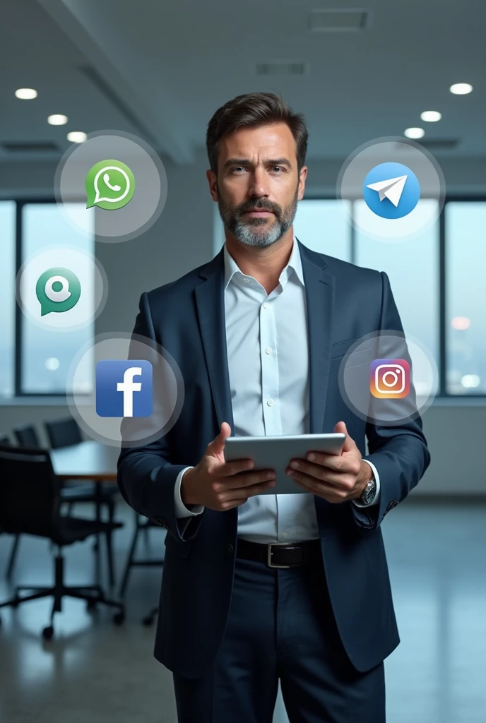 A new generation man in the front, showing his face more and more business-like, explaining about the omnichannel channel. Put the following information on the image:
WhatsApp
Instagram
Facebook
Telegram
Live Chat

