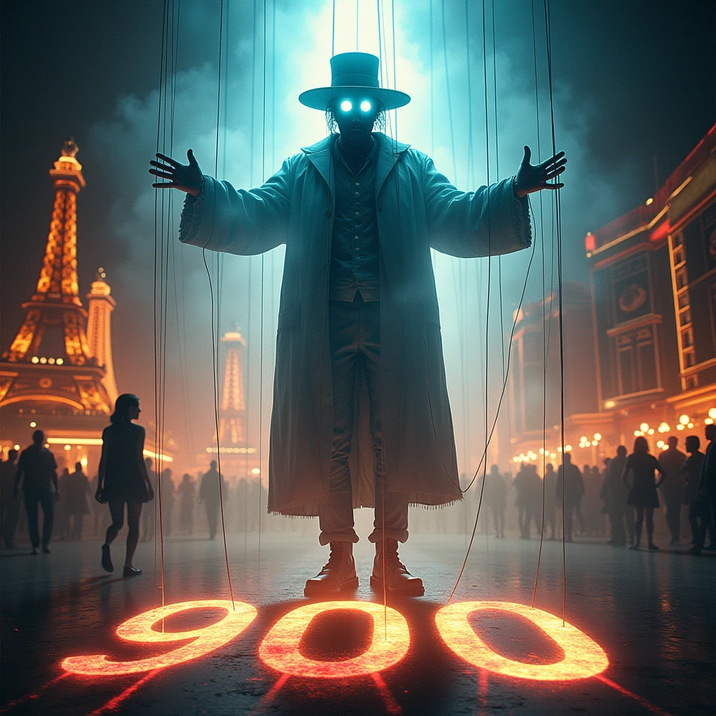 A mesmerizing double exposure digital masterpiece featuring the mystical silhouette of a puppeteer, illuminated by a luminous, ethereal and mystical aura. Against the backdrop of Las Vegas, the puppeteer embodies the essence of spectacle and the magic of the show. His luminescent eyes, radiant with deep contemplation, are surrounded by a delicate fusion of intricate details and conceptual elements. At her feet, in a fantastic font, a large number "900", drawn with the strings of the puppeteer, while a woman walks through the Las Vegas landscape. The bright and vibrant color palette of this work of art captivates the viewer, transporting them to the depths of the spectacle. This stunning creation masterfully combines elements of 3D rendering and illustration to create an immersive and captivating experience. The harmonious combination of the work's cinema, poster, architecture, painting, conceptual art.
