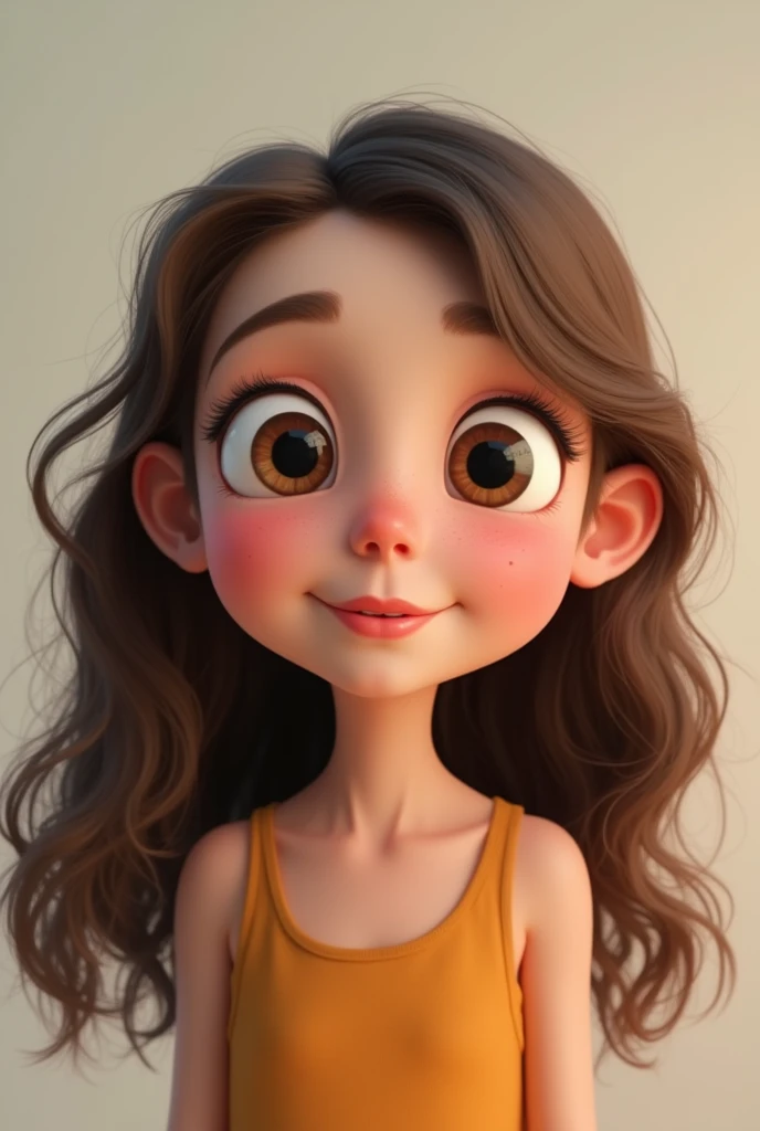 Girl with long brown wavy hair, wide forehead, large eyes, chubby with slightly rosy cheeks, very short neck, medium lips with the lower one slightly larger than the upper one all in animated that goes out to the torso 