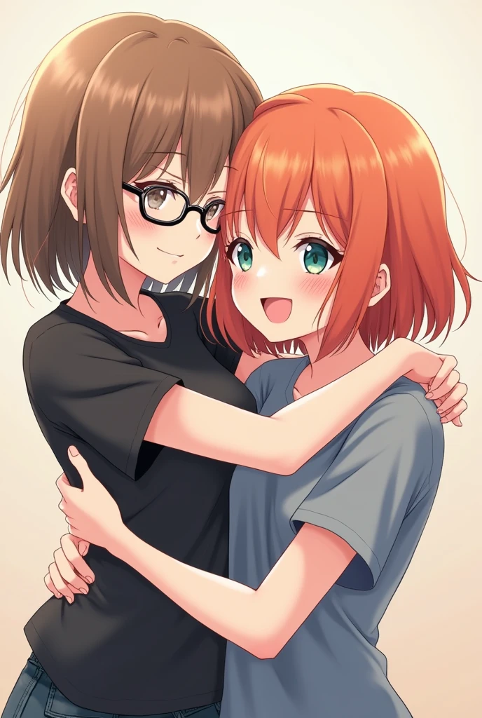2 girl, friends, hugging tightly, anime style. The first girl with brown hair, a little messy and not straggly, medium length, the main length lies on the shoulders and a slanting fringe covering the left eye, gray-blue eyes and a black T-shirt, with round glasses for vision with black frame, a little shorter, more cheerful. The second girl is reddish-orange, about the same hairstyle as the first girl only more neat, quite lush hair and bangs in different directions across the forehead, dark green eyes, gray-blue T-shirt, slightly taller, more calm.