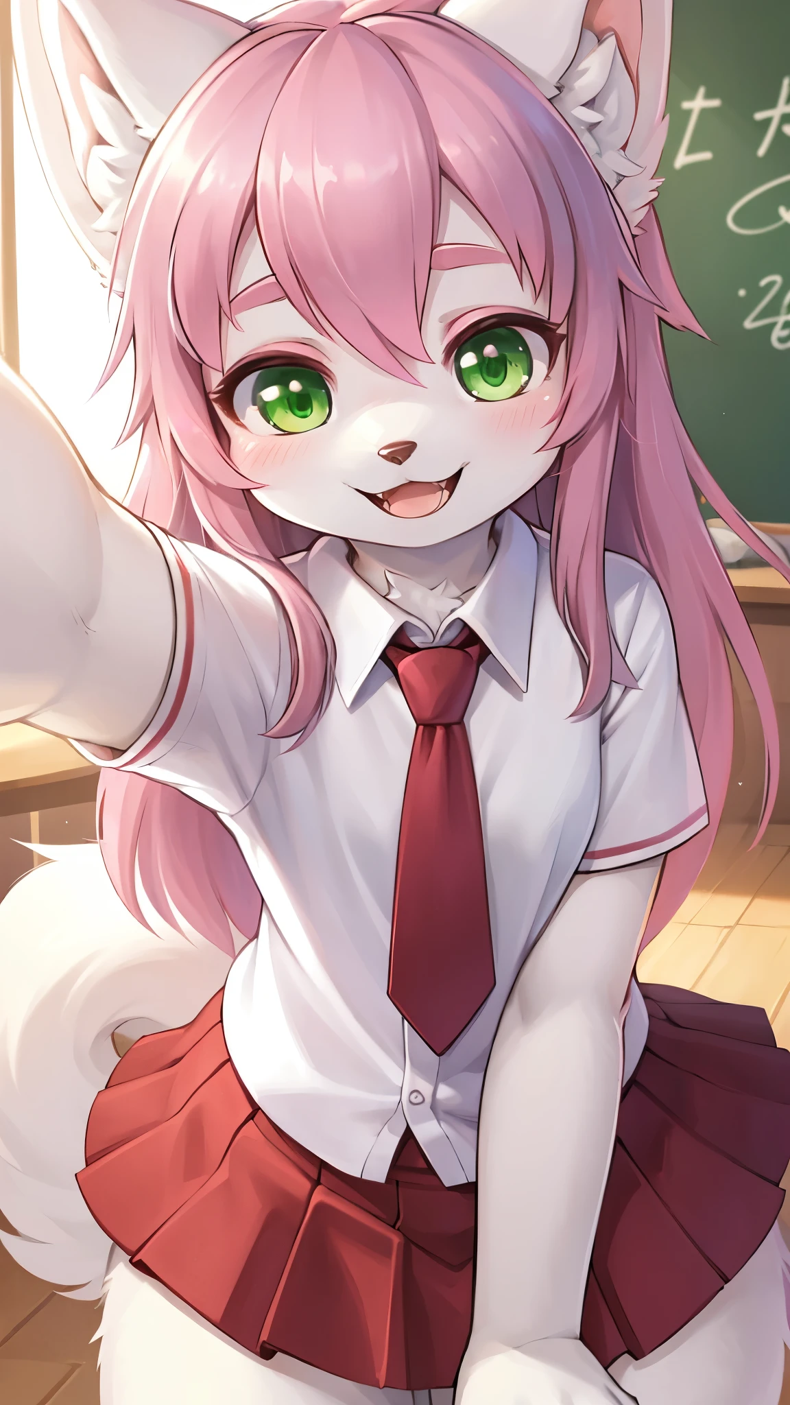 best quality,best resolution,solo,(fluffy anthro furry :1.6),(young :1.8),fox girl,flat chest,(pink hair :1.6),long hair,green eyes,glistering eyes,sparkle eyes,(white fur :1.6),(white short arms shirt with red tie),(red skirt),ribbon hairpin,beautiful classroom,light and shadow,full face blush,heart expression,heart eyes glow,happy face,smile,open mouth,close up,selfie