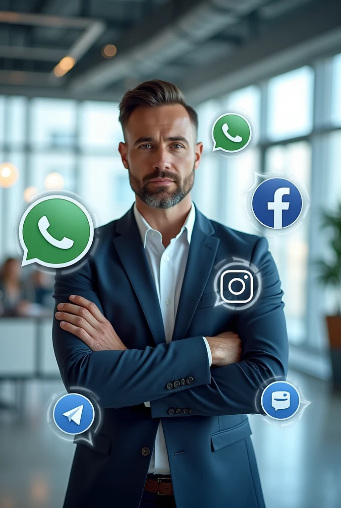A new generation man in the front, showing his face more and more business-like, explaining about the omnichannel channel. Put the following information on the image:
WhatsApp
Instagram
Facebook
Telegram
Live Chat