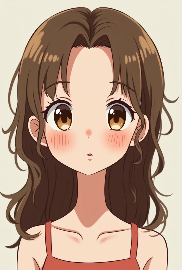Girl with long brown wavy hair, wide forehead, large eyes, chubby with slightly rosy cheeks, very short neck, medium lips with the lower one slightly larger than the upper one all in animated that goes out to the torso