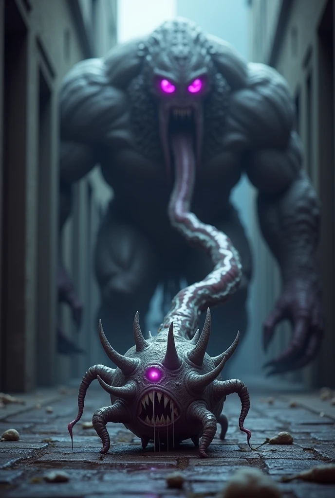 Metal reflect slime morphs from a spiky ball in the foreground into a big bulky monster in the background.they are connected by a slimy protrusion. All of this is rather dark and the monster in the background has purple glowing eyes. In a dark corridor.