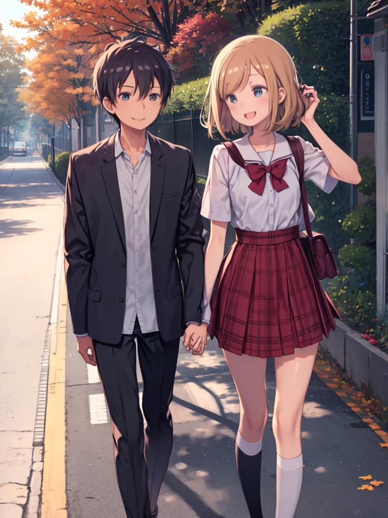 Junior high school years,1 female student、1 male student,Fresh face,I'm happy to be walking home from school together、Two people walking hand-in-hand down the road、See each other、smile、Open your mouth a little、Autumn scenery、