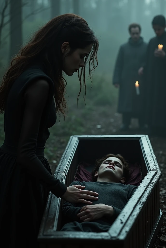Bella Swan crying in front of the coffin with Edward Cullen inside it