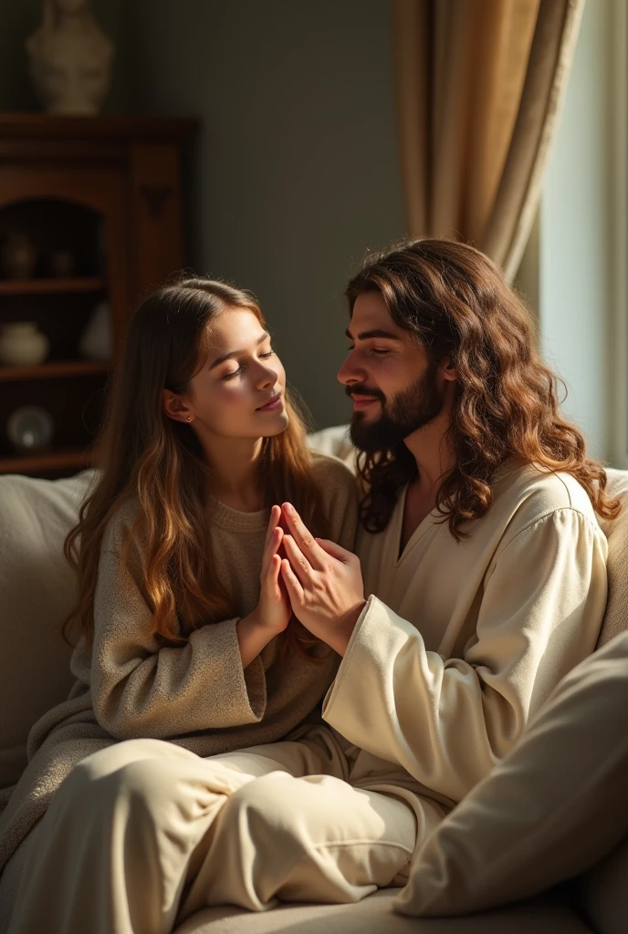 "A cozy scene of a teenage girl sitting on a sofa, in a room lit by soft light. She has her eyes closed, with hands together in prayer, conveying a feeling of peace and devotion. next to her, Jesus is present, watching her with a serene and affectionate expression. He is sitting close to her, with his hands resting in her lap, showing care and love. The room is simple and welcoming, without pictures on the walls or sculptures, just a tranquil setting with comfortable furniture and soft details, Like a blanket or pillows, creating an atmosphere of intimacy and spirituality."