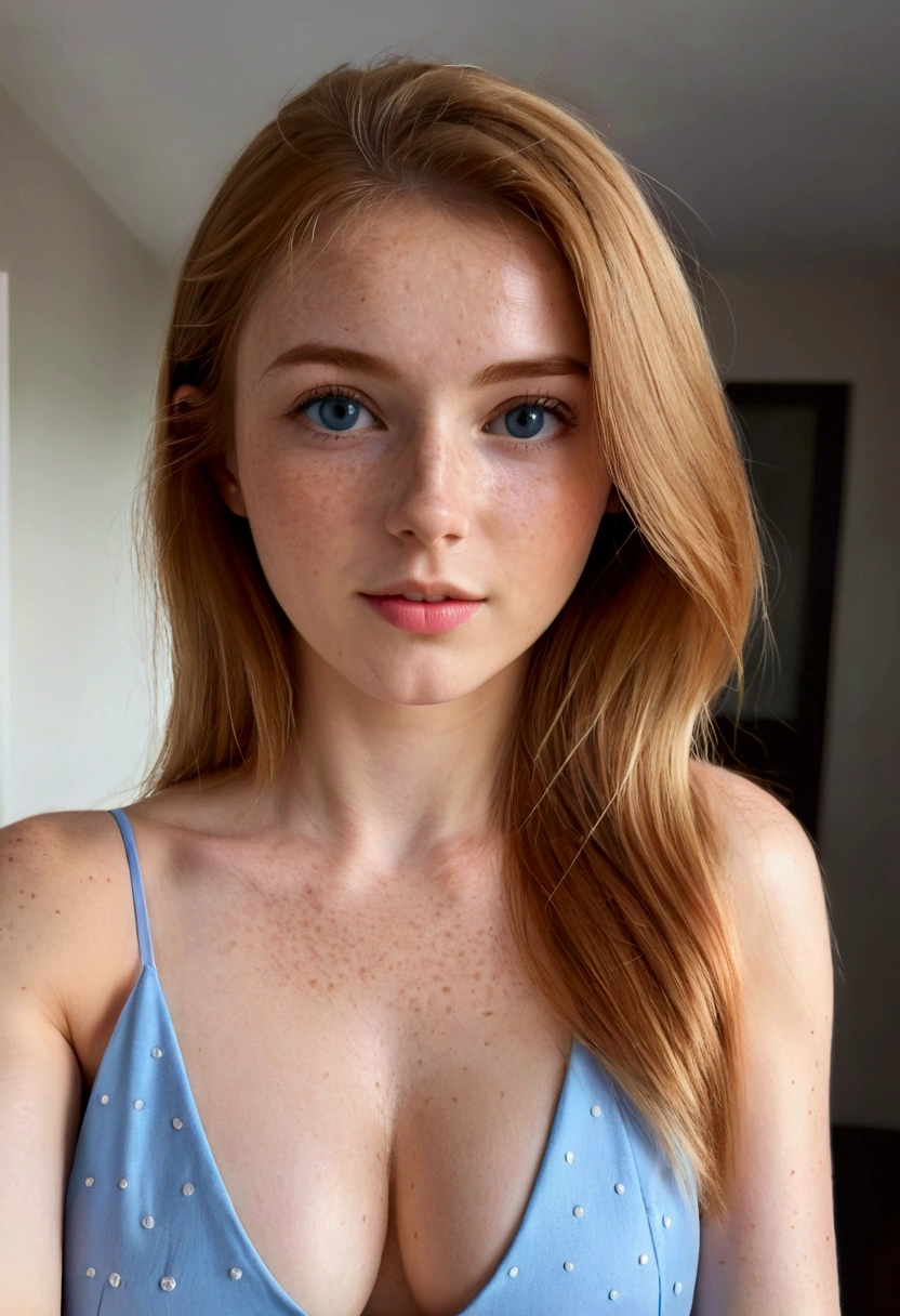 Full body portrait, a female, taking a selfie, wearing a cocktail dress, 20 years old, European Irish, cute face, high cheekbones, slim body, thin, (large boobs: 0.5), (wide hips: 1.1), straight dark ginger hair, blonde hair highlights, dark brown eyebrow hair, blue eyes, light freckles face, light freckles body, hyper realistic, beautiful, bokeh, candid, raw, shot on iPhone 15 pro max,