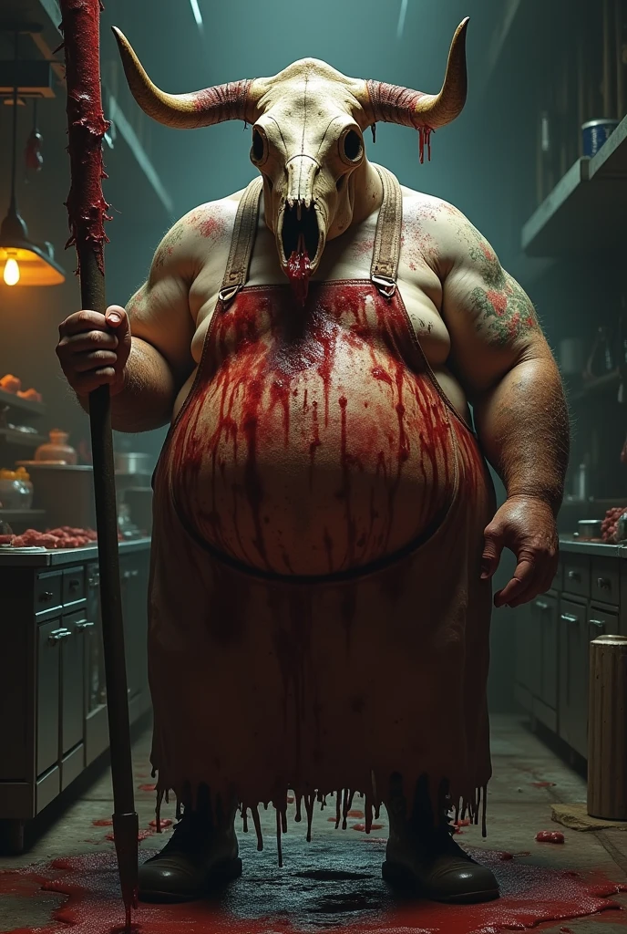A morbitly obease man, he's a butcher, his apron is bloody, he wears a cowskull, he carries a huge bloody meadthook