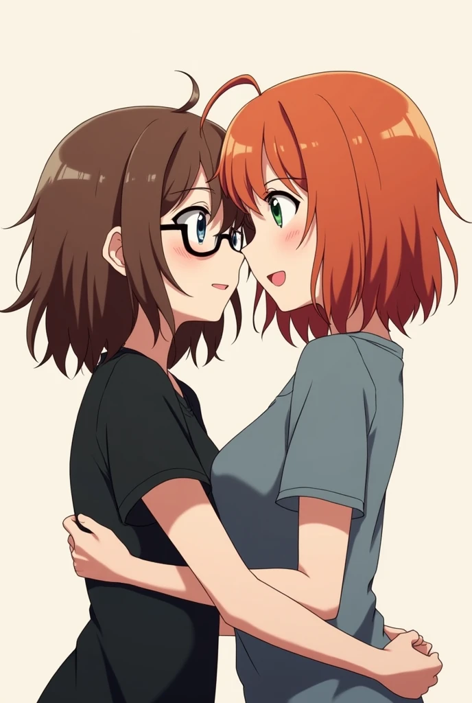2 girl, friends, hugging tightly, anime style. The first girl with brown hair, a little messy and not straggly, the main length lies on the shoulders and a slanting fringe covering the left eye, gray-blue eyes and a black T-shirt, with round glasses for vision with black frame, a little shorter, more cheerful. The second girl is reddish-orange, about the same hairstyle as the first ly more neat, quite lush hair and bangs in different directions across the forehead, dark green eyes, gray-blue T-shirt, slightly taller, more calm.