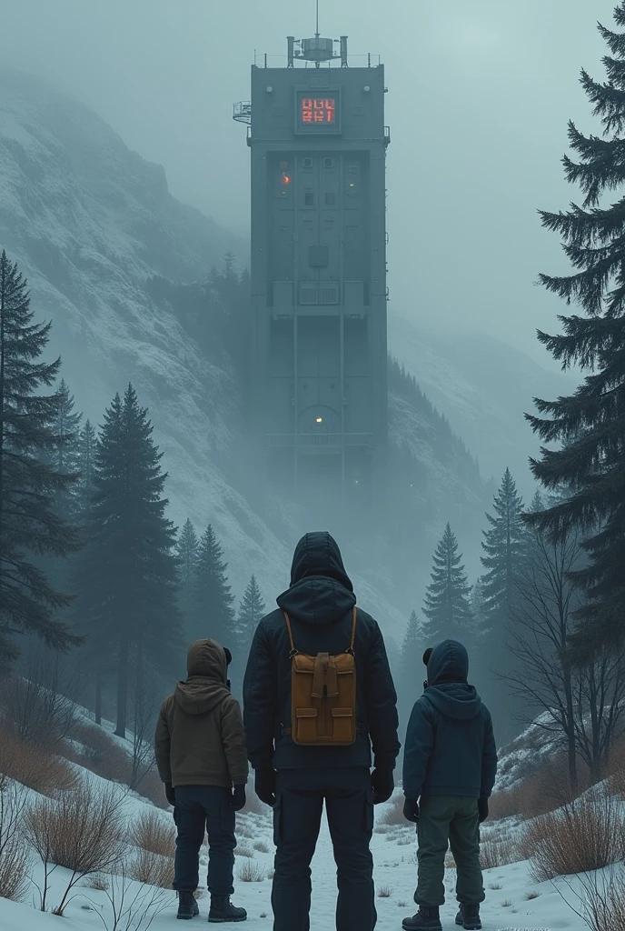 (Three Isolated humans with gas mask, brown, blue, black and white clothes) look at up a big futuristic outpost into the mountain without lights in the style of dark hues, forest winter, coded patterns, urbancore, soviet ambience, vastness of space, post apocaliptic space.
