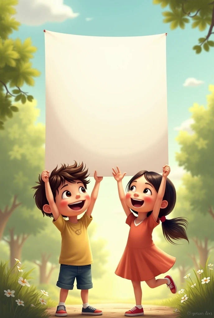 A boy girl two Hand hold high a white paper and paper write A