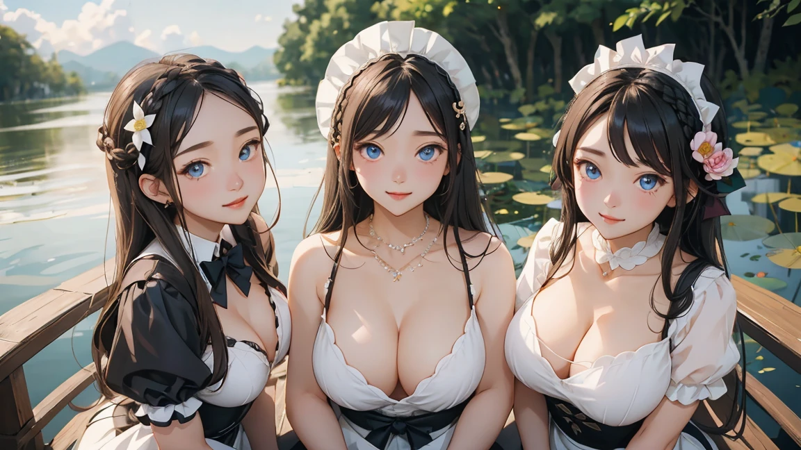 ( 3 girls),smile、Look into the camera、diamond necklace、braided hair, (Half-body maid cafe outfit with open chest showing breasts:1.1)、revealing upper arms、Extra long twin tail feathers、Flower Hair Ornaments、 Masterpiece, Highest quality, 8ก, beautiful girl, young face、 photography, Cute face, thigh,(Sitting on a wooden bridge in a lotus pond),、รอยsmile、small waist, blue eyes(((The chest is erect...)))(((round chest)))(((big breasts:1.2)))