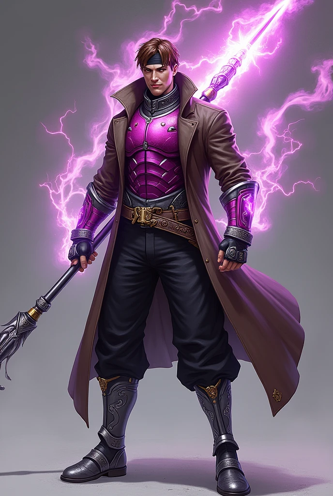 man, brown hair, magenta chestplate armor, black headband, red eyes, black pants, fingerless gloves, brown trenchcoat, metal boots, wielding a metallic long staff, energy aura