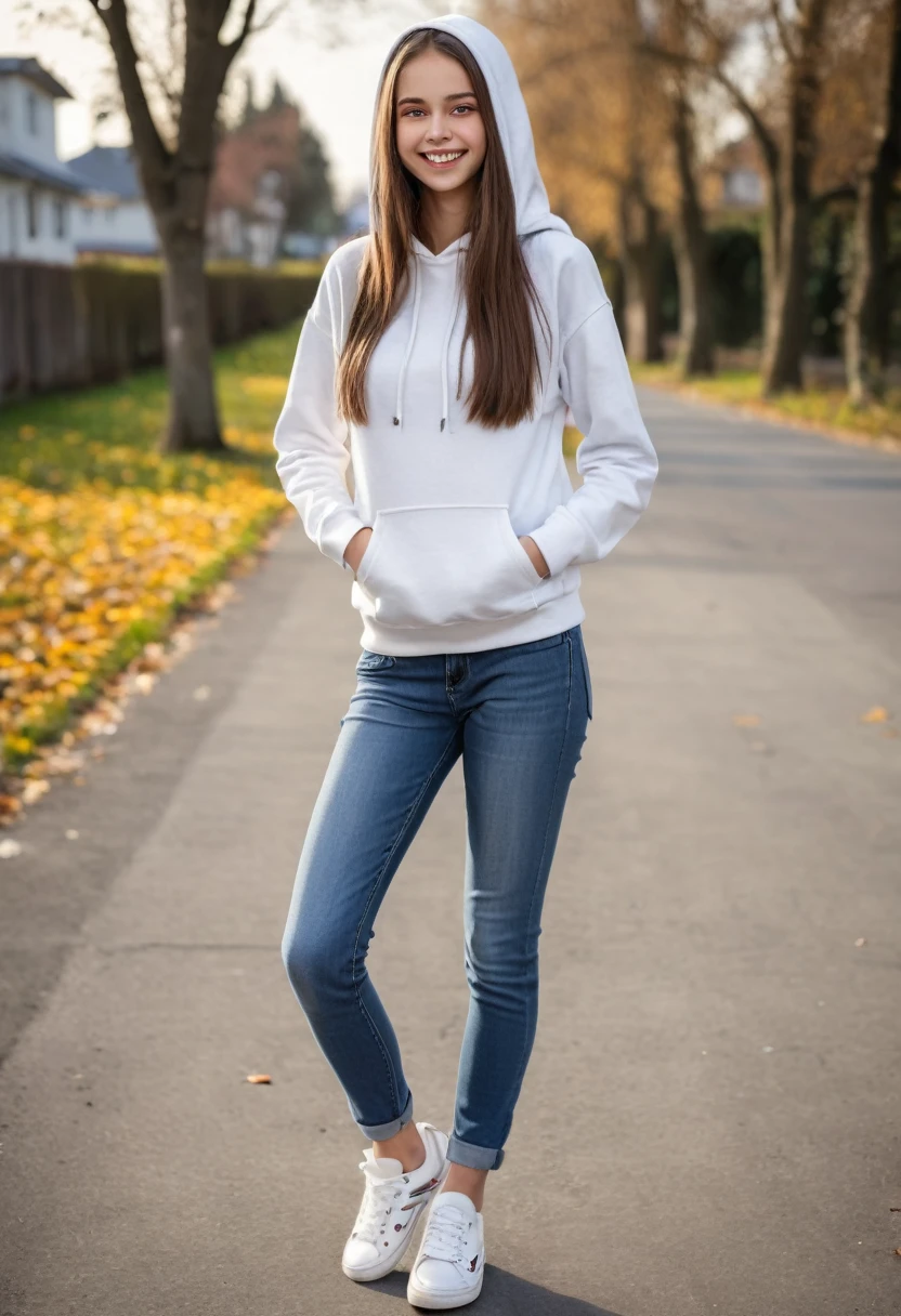 a thin long-legged girl with very long smooth brown hair and mischievous hazel eyes, dressed in basic jeans, sneakers, and a white hoodie, looking joyful, cheerful, and friendly, a trustworthy best friend, full body shot, kind