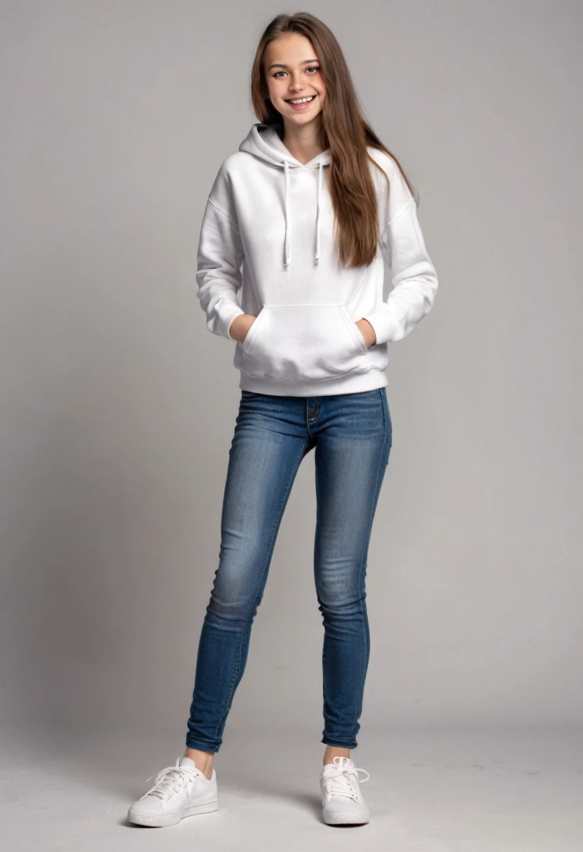 a thin long-legged girl with very long smooth brown hair and mischievous hazel eyes, dressed in basic jeans, sneakers, and a white hoodie, looking joyful, cheerful, and friendly, a trustworthy best friend, full body shot, kind