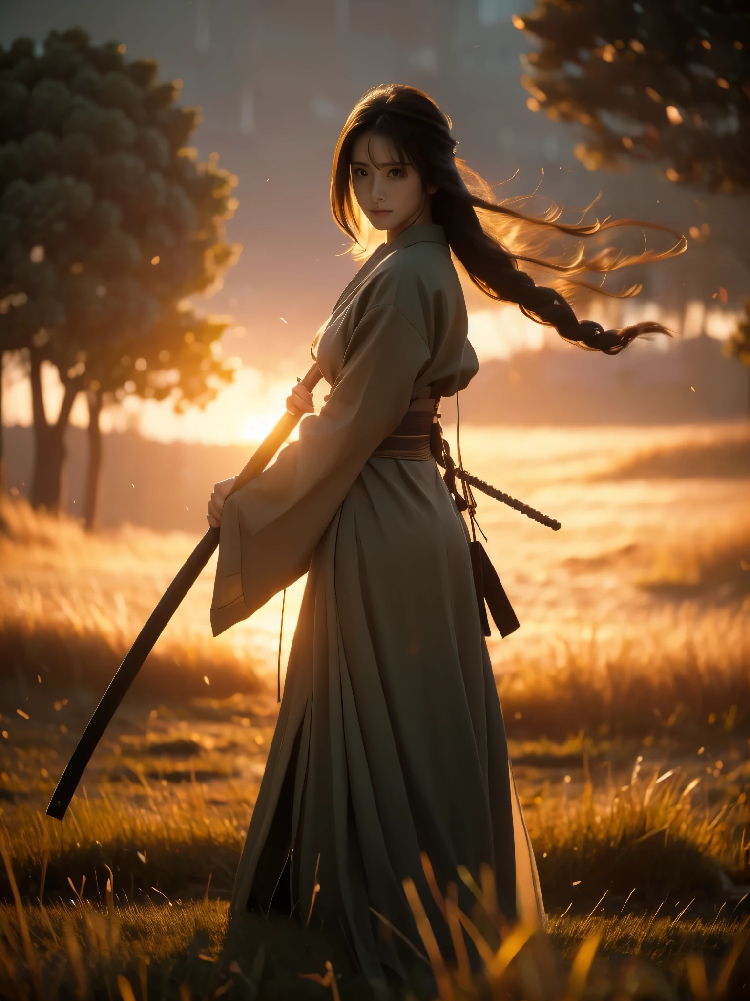 A lone samurai woman standing in a peaceful field at dusk, ready to draw her katana. She is wearing traditional samurai attire from the Sengoku period of Japan, consisting of a black and dark brown kimono-style robe with wide sleeves, tied with a dark obi around her waist. Her right hand is gripping the hilt of her katana, positioned near her waist as she prepares to draw it, while her left hand is steadying the sheath. Her posture is tense but focused, capturing the precise moment before action. Her hair is tied up in a traditional warrior style, and her face shows calm determination. The scene is set in a quiet field with tall grasses swaying gently in the wind, under the fading light of dusk. The color palette is soft and muted, with earthy tones for both the environment and her attire, and the background is simple, with birds flying in the distance."Additional Parameters:Style: Realistic, with a focus on action and tension in the poseLighting: Soft dusk lighting with warm, fading sunlight casting long shadowsColors: Dark black and brown tones for the attire, earthy and muted tones for the grass and skyComposition: The samurai woman centered, in a poised stance, with her katana halfway drawn, the quiet field around her creating a sense of serenity and focusEnvironment: Quiet field at dusk, soft wind moving the tall grass, birds flying in the distance