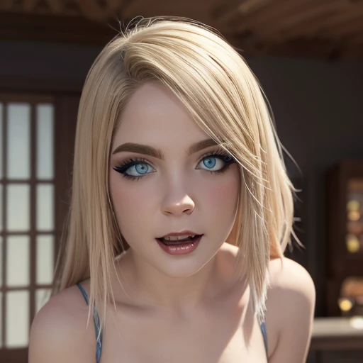 Face beautiful blue eyes blonde hair, showing long fangs vampire, makeup, nsfw, big breasts detailed perfect 3D rendering