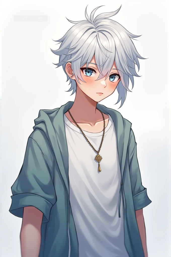 Anime teenage boy in casual clothes with white hair 