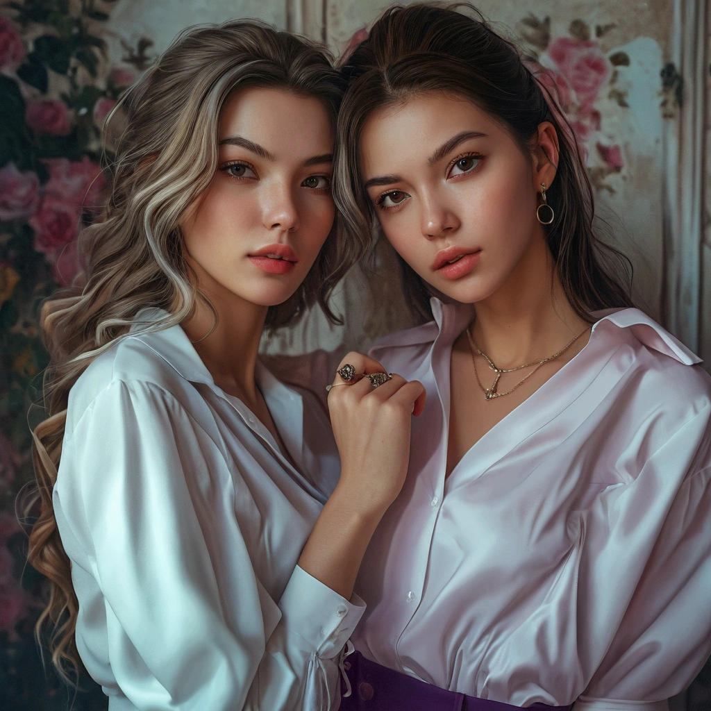 two women in white shirts posing for a picture in front of a wall, beautiful gemini twins portrait, realistic digital art 4 k, realistic digital art 4k, elegant digital painting, beautiful digital artwork, in the art style of bowater, realistic digital painting, realistic artstyle, two girls, realistic digital art, gorgeous digital painting, beautiful digital art, high quality portrait