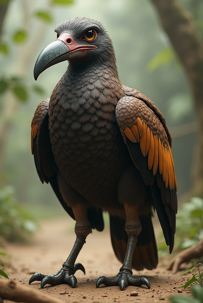 Can you generate an image of a macaw, another with a darker coat, striped in coffee and dark colors, but not just a single shade, The beak is long and narrow, and different legs to have better mobility and please make them fatter than usual and with bigger eyes like those of an owl with short wings and almost no feathers and no long tail please and the beak should be longer like that of a heron please and the body should be please fat like that of an ostrich but don't lose the essence of a macaw like the eyes and those characteristics and where the macaw is of different colors that are different browns please but don't have the neck so big if you lose the essence of a macaw that have it small but the body is very fat and the wings have something special that they can't fly they are simply terrestrial