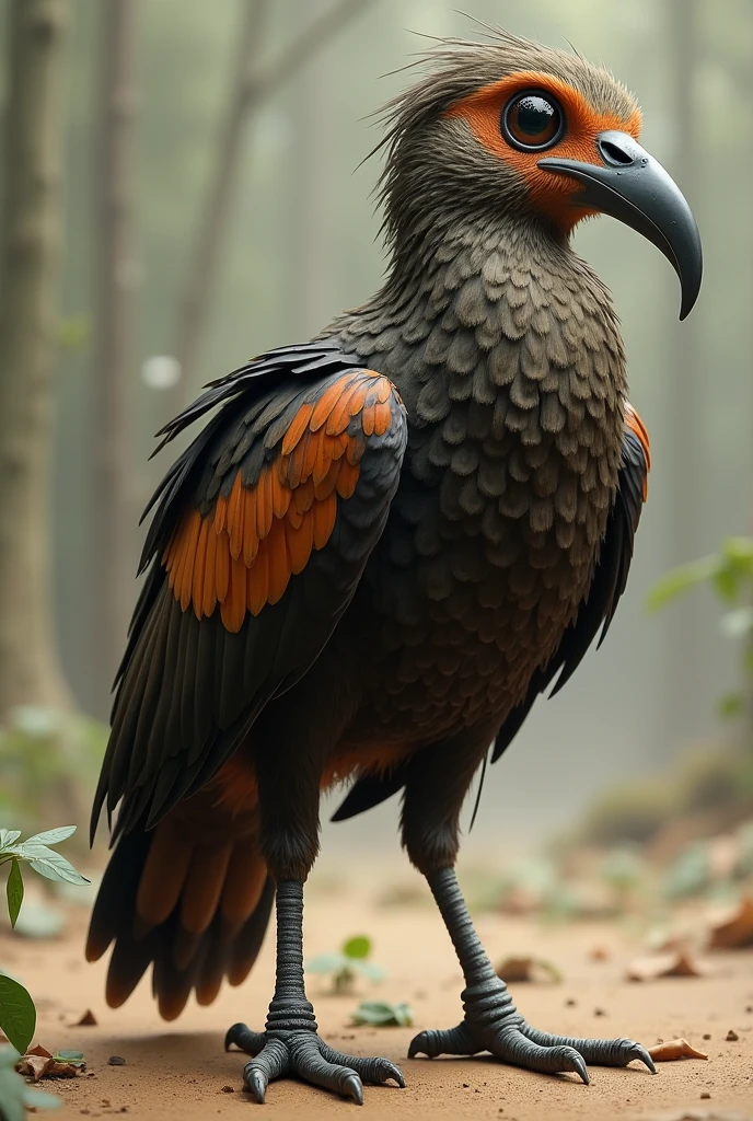 Can you generate an image of a macaw, another with a darker coat, striped in coffee and dark colors, but not just a single shade, The beak is long and narrow, and different legs to have better mobility and please make them fatter than usual and with bigger eyes like those of an owl with short wings and almost no feathers and no long tail please and the beak should be longer like that of a heron please and the body should be please fat like that of an ostrich but don't lose the essence of a macaw like the eyes and those characteristics and where the macaw is of different colors that are different browns please but don't have the neck so big if you lose the essence of a macaw that have it small but the body is very fat and the wings have something special that they can't fly they are simply terrestrial