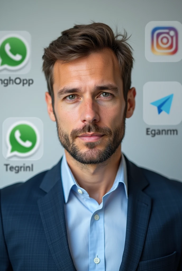 A 30-year-old man facing the camera, showing a lot of his face, more business-like, explaining about the omnichannel channel. Include the following information on the image: WhatsApp
Instagram
Facebook
Telegram
Live Chat


