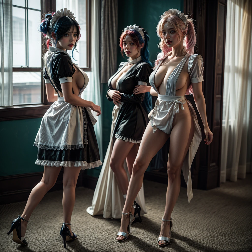 (Full Body of Extremely Detailed((Sexy Maid Group in a row:1.37))), KAWAII perfect face, Reflective Eyes, Detailed(Delicate Clothing textures), Correct Leg Line, Dynamic Joyful Expressions LifeLike Rendering, Specular Reflection, TopQuality 8K Ultra-detailed masterpiece (ProfessionalPhoto:1.37), (Acutance:0.8), (Luminism:1.28), (Renaissance art style), Colorful Light particles, ((Full body from side)), {Kissing|Thigh Gap|AssFocus|(NakedApron with Overflowing SideBoob)}, Radiant Fine Skin with Transparency, (Exposed:0.4), (Different types of Anime hair color){Pink Hair|Blue Hair|Platinum Blonde|Pure White Hair|Liquid Hair}, Perfect Lighting , (nipple:-1.28)