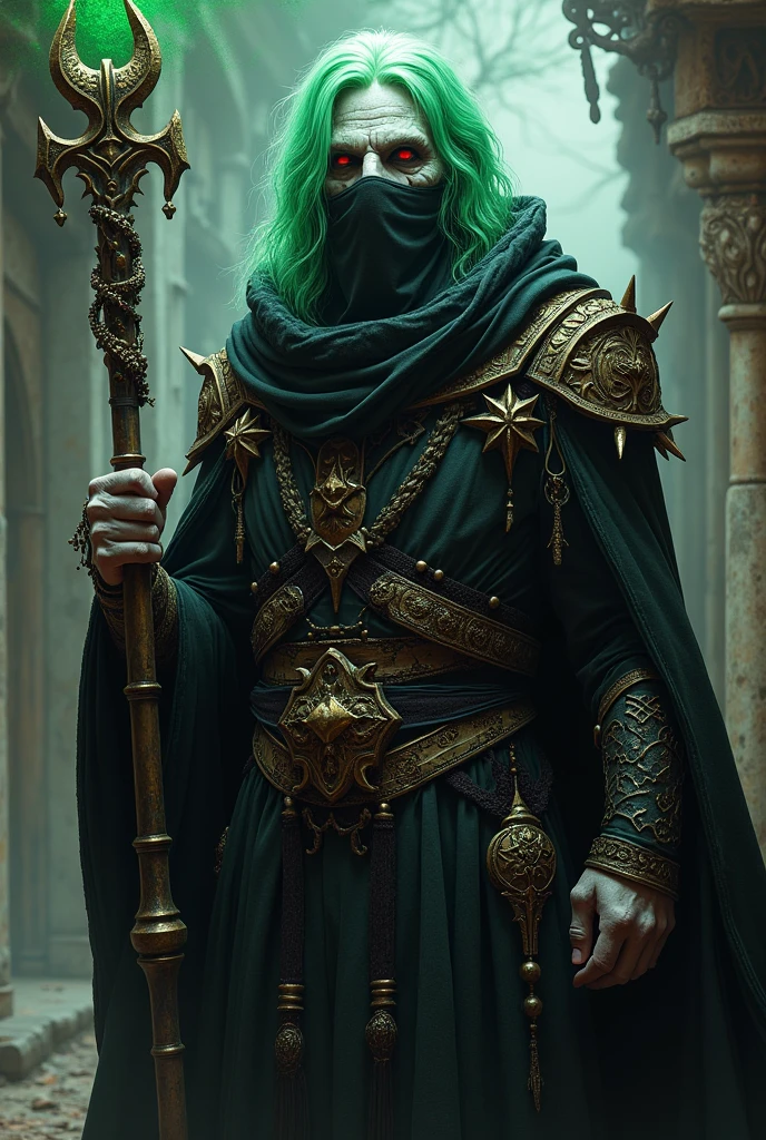 Create a vivid and captivating visual representation of Dr. Ruin, a formidable lich with a haunting presence. Emphasize his tall stature, corpse-like gray and white skin, broad shoulders, and the piercing glow of his red eyes. Showcase his distinct green hair that adds an otherworldly element to his appearance. His is covered by a black scarf, scarf covers his mouth. ensure his nose and mouth are covered by a black scarf. only the top half of his face is visible, do not show the lower half of his face.
Ensure that Dr. Ruin is adorned in predominantly black, arcane-themed clothing, with intricate symbols and designs. Capture the mystique of his character by incorporating a black scarf covering the lower part of his face, adding an air of mystery.
Include his essential accessories: a prominent arcane staff that serves as both a symbol of authority and a conduit for dark magic. Integrate various arcane accouterments such as talismans or enchanted items that highlight his mastery of the occult.
Convey the overall atmosphere of Dr. Ruin's character—sinister, commanding, and enigmatic. Pay attention to details that evoke the essence of his supernatural powers and moral complexities.