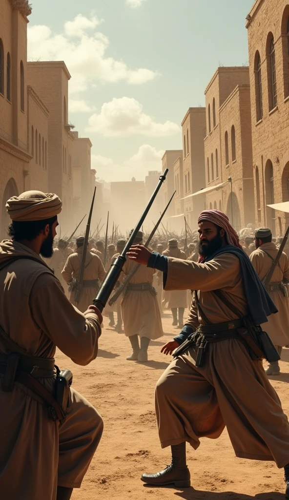 (photorealism:1.2), A dramatic and detailed depiction of the civil war in Hadramaut at the end of the 19th century. The scene should capture the intensity and chaos of the conflict, with realistic portrayals of combatants and the historical setting. Use dynamic lighting and illumination to enhance the atmosphere, ensuring the image is hyper-detailed, 8k resolution, and ultra-sharp.