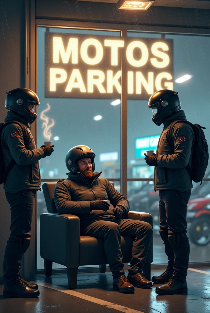 Man, worker, dressed for riding in the rain as a motorcyclist, sitting in a chair, smiling, drinking a coffee, in an exclusive parking lot for motorcycles called MOTOS PARKING, talking to parking employees, who have a sign saying MOTOS PARKING POA.
behind a sign with the name of the parking lot written, MOTOS PARKING