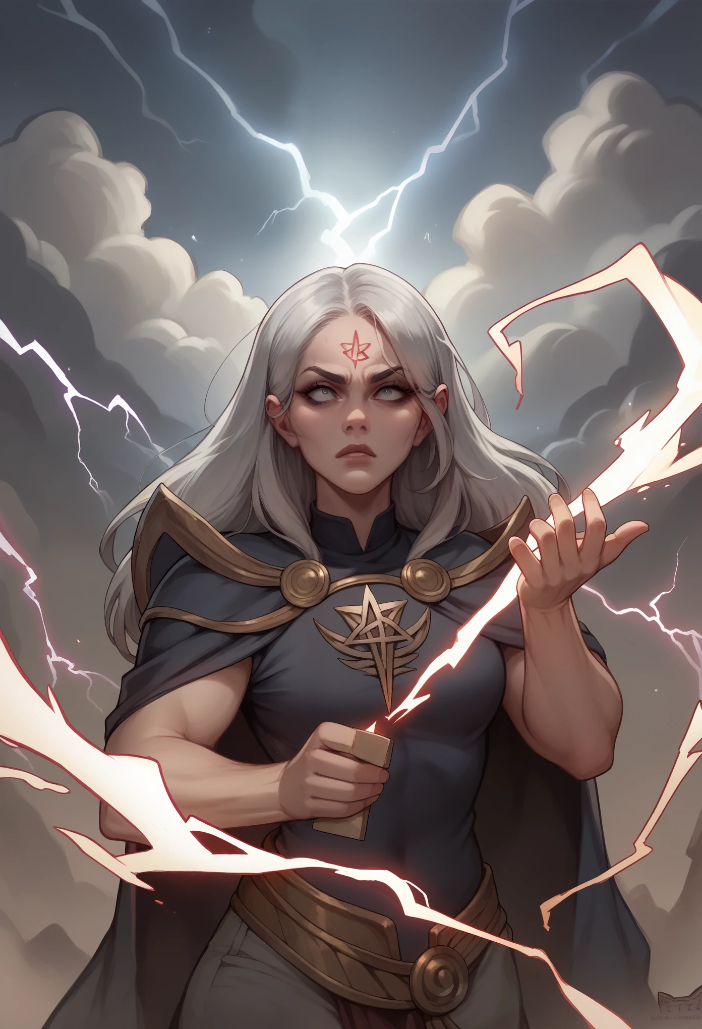 Zeus, old and silver-haired, holding a bolt of lightning in one hand while the other is raised, summoning a tempest. The setting is the peak of a rocky mountain, with dark clouds and lightning surrounding him, in the midst of a stormy night.