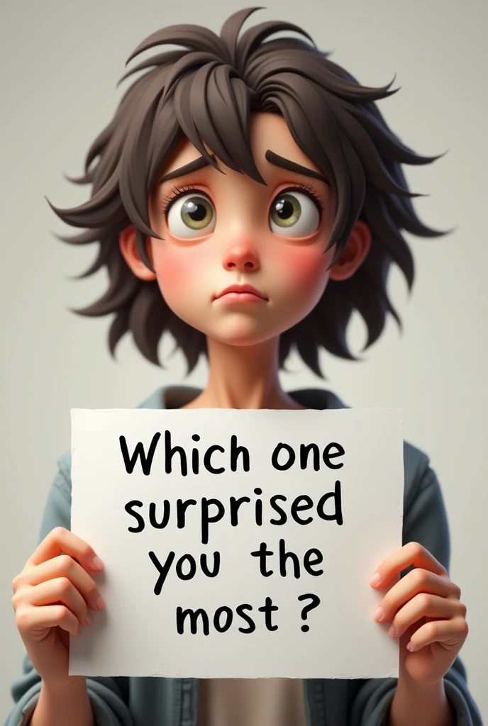 You're making a questioning face and holding a sign with the question 'Which one surprised you the most' towards the camera..