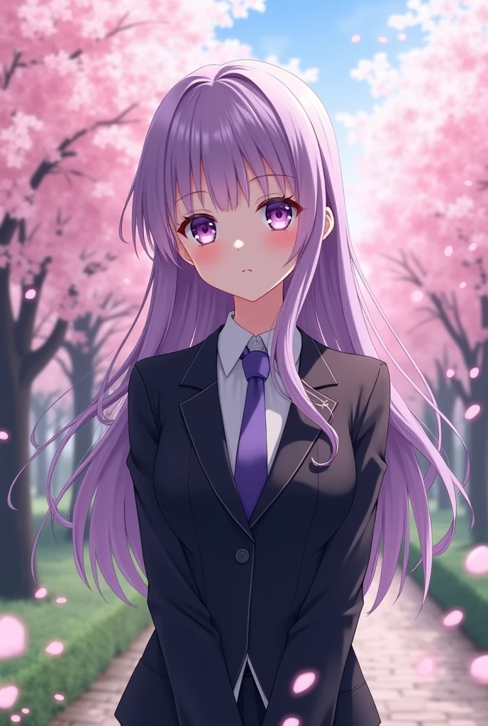 A cute anime girl with purple eyes and long, loose lilac hair wearing a formal black suit in the middle of a beautiful cherry blossom landscape.
