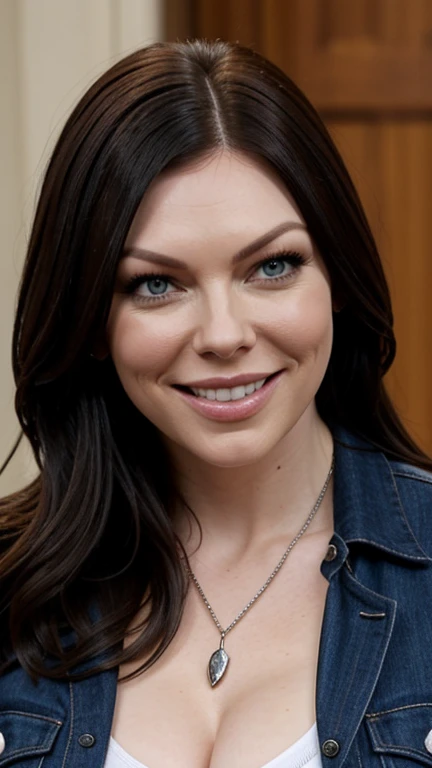 Laura Prepon wearing clothes with an adjustable neckline and smiling