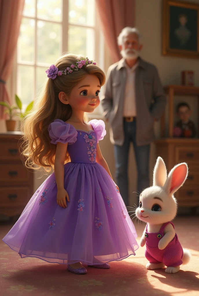 the princess (child) and with a purple, flared dress, and your little bunny with a pink overall saying goodbye to your grandfather (rey)