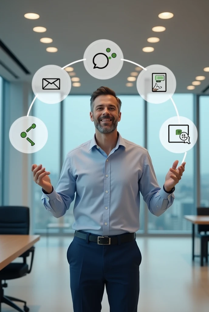 a happy 30-year-old man standing in front showing his business-oriented face explaining about the omnichannel channel, put the following information in the image WhatsApp Instagram Facebook Telegram Live Chat