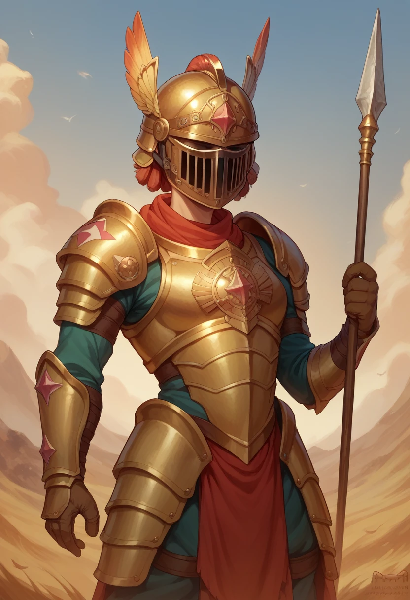 Athens, With golden armor and a helmet adorned with feathers, in combat position, Holding a spear firmly. She stands on a battlefield at dawn, With the golden light of the sun rising on the horizon, Gently illuminating the scene.